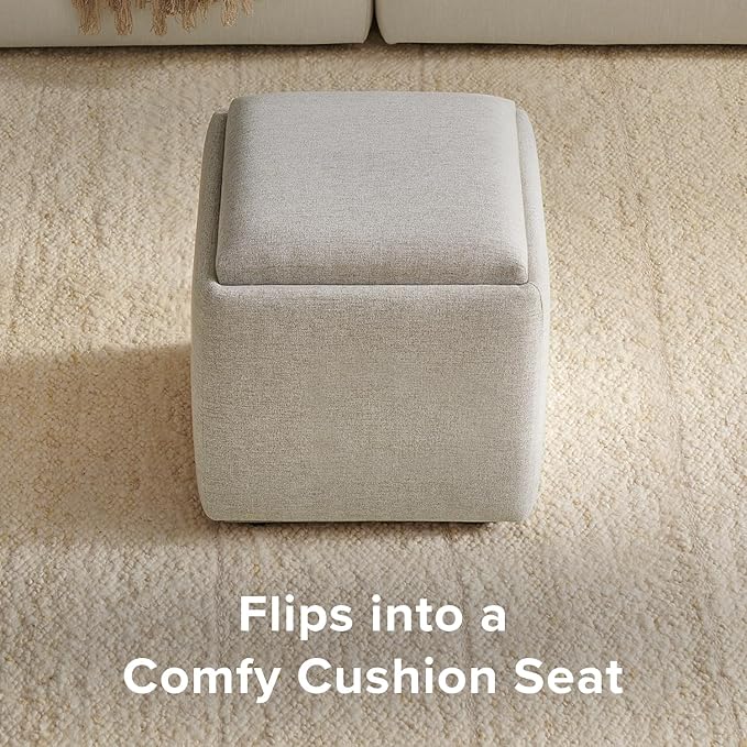 mopio Levi Storage Ottoman with Reversible Tray, Modern Square Chest Coffee Table, Upholstered Cube Sitting Foot Stools Ottoman for Living Room, Bedroom, Entryway (Fabric, Light Gray)