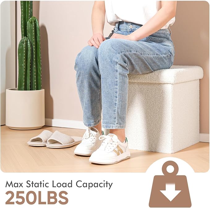 B FSOBEIIALEO Small Storage Ottoman Cube Sherpa Ottomans Foot Rest, Foldable Boucle Ottoman, Faux Teddy Fur, Cream White 15"x15"x15"