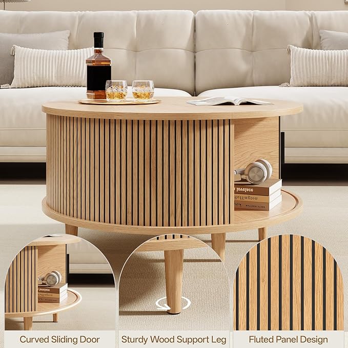 Mid Century Round Coffee Table, Fluted Center Table with Sliding Door, Modern Dining Table with Storage for Home Living Room Office, 31.5", Oak