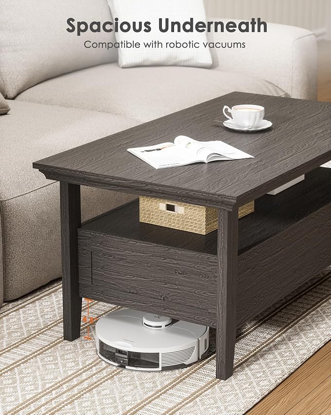 Amada Coffee Table for Living Room, 39.4" Small Coffee Table with Storage, Modern Coffee Tables Open Display Shelf and Hidden Drawers, Farmhouse Wood Center Table Decor Ideal for Home Office, Gray