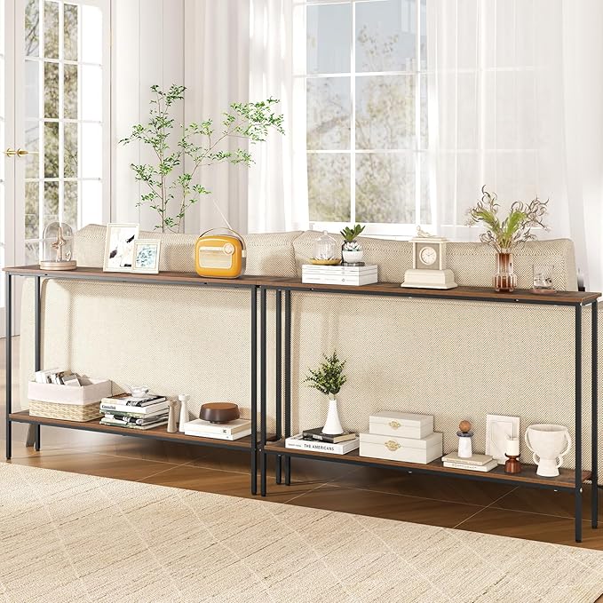 Giantex 2-Tier Console Table with Shelf, 44" Narrow Entryway Table w/Dual Anti-Tipping Kits & Metal Frame, Long Sofa Table, Slim Hallway Table for Living Room, Entrance, Corridor, Foyer