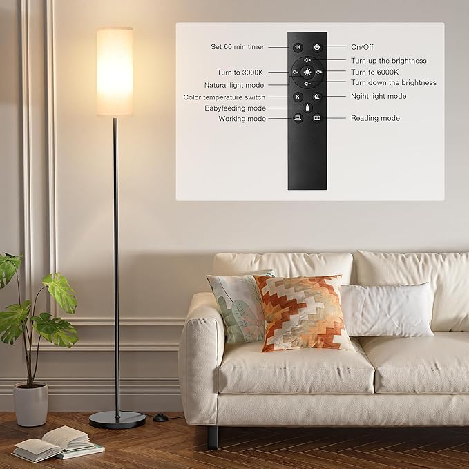 Ambimall 66'' Floor Lamps for Living Room with Remote Control and Stepless Dimmable Colors Temperature & Brightness, 9W Bulb Included(Beige Lampshade & Black Pole)