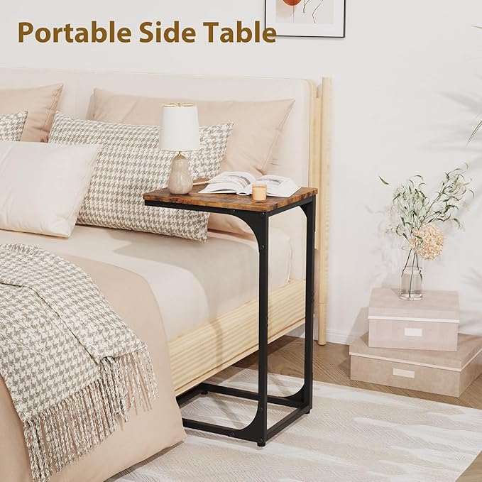 Narrow C Shaped End Tables Living Room TV Trays Set of 2, Small Thin Farmhouse Side Table Skinny Slide Under Couch Tray Tables for Sofa Bedroom Small Space 11.8 inch Width, Rustic Brown