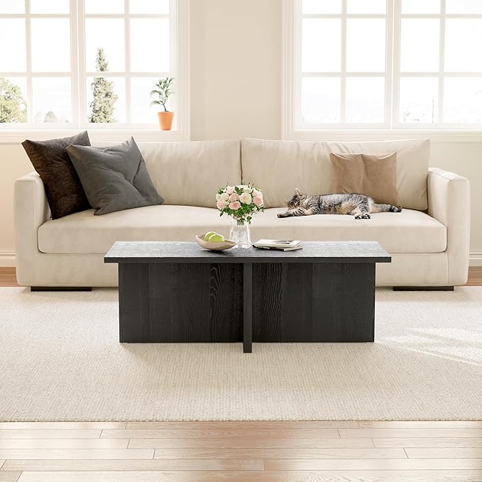 Luoxiao Rectangle Coffee Table for Living Room 47 inch Wood Modern Center Accent Table Minimalist Small Rectangular Cocktail Table Black, Space Saving, Easy Assembly
