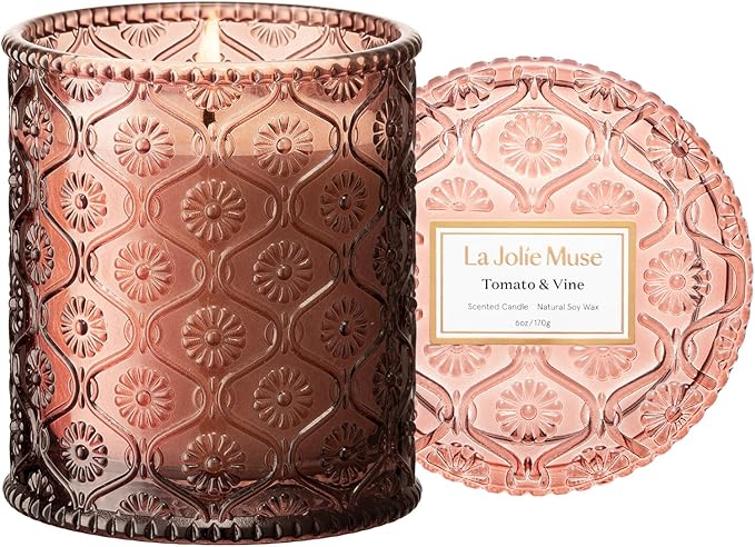 LA JOLIE MUSE Tomato & Vine Candle - Tomato Leaf, Rose, Moss | 6 oz Natural Soy Wax | 40 Hours Clean Burn | Fresh Garden Scented Candle | Gift-Ready for Hosts & Gatherings