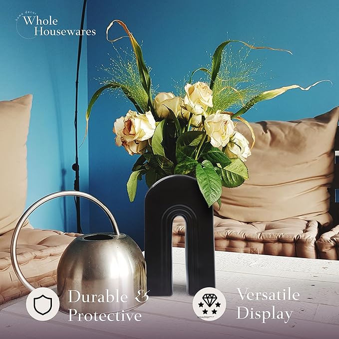 Whole Housewares Ceramic Vase - Stunning Black Modern Design Black Vase for Flowers - Home Decor Ceramic Flower Vase for Living Room - Ideal Gift for Birthdays, Holidays, and Housewarmings
