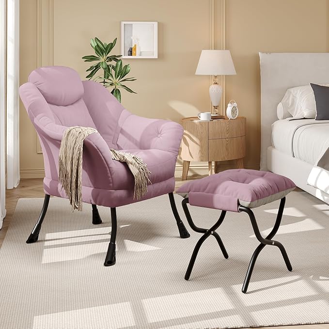 Living Room Chair Modern Accent Chair with Ottoman, Ergonomic Support, Foldable Footrest, Removable Washable Cover, Perfect for Bedroom and Living Room, Pink