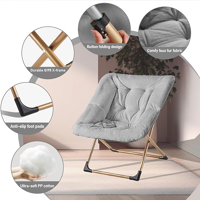 Comfy Oversized Saucer Chair, Soft Faux Fur Reading Lounge Chair for Adults, Stable X-Large Metal Frame and Non-Slip Pad, Foldable Cozy Chairs for Bedroom, Living Room, Dorm, Light Gray