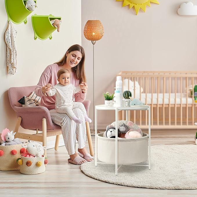 danpinera Round Side Table with Fabric Storage Basket, Metal Side Table Small Bedside Nightstand with Removable Tray Top for Living Room, Bedroom, Nursery, Laundry, White