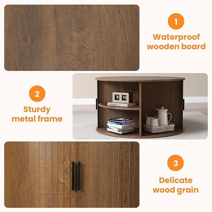 Coffee Table with Storage,31.5" Wood Round Coffee Table Hidden Storage and Open Shelves with 360°Curved Sliding Door,for Living Room Office Apartment,Brown