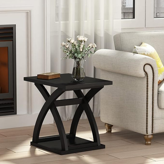 ChooChoo End Side Table, Modern End Table with Storage Shelf, X-Design Side Table Living Room (Black)