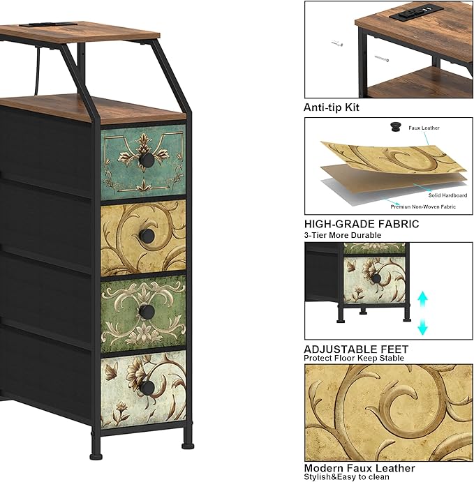 Tohomeor Narrow Dresser Tall Skinny Storage Tower Vertical Slim Chest of Drawers with Charging Station Small Nightstand Side Table for Bedroom, Bathroom, Small Spaces (Retro Flower, 4 Drawers)