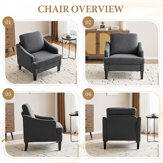 Bezseller Modern Accent Chair, Upholstered Reading Armchair with Wood Legs, Mid-Century Leisure Comfy Single Sofa Chair for Living Room, Bedroom, Home, Office, Dark Grey