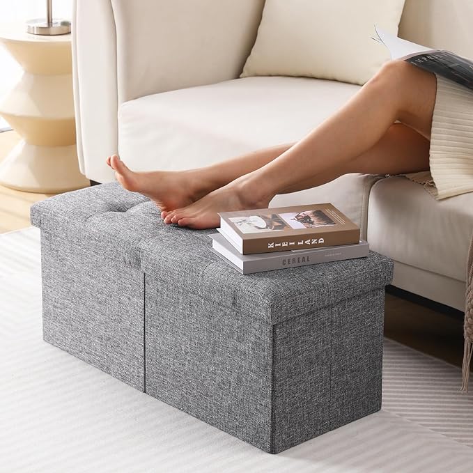CUYOCA Storage Ottoman Bench Foldable Seat Footrest Shoe Bench End of Bed Storage with Flipping Lid, 75L Storage Space, 30 inches Linen Fabric Dark Grey