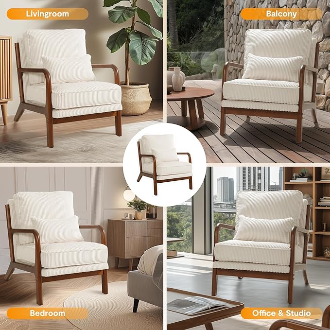 FLEXISPOT AC1 Mid Century Modern Accent Chair, Corduroy Upholstered Armchair with Lumbar Pillow & Thickened Backrest, Comfy Reading Chair with Wood Frame for Living Room, Bedroom, Balcony (White)