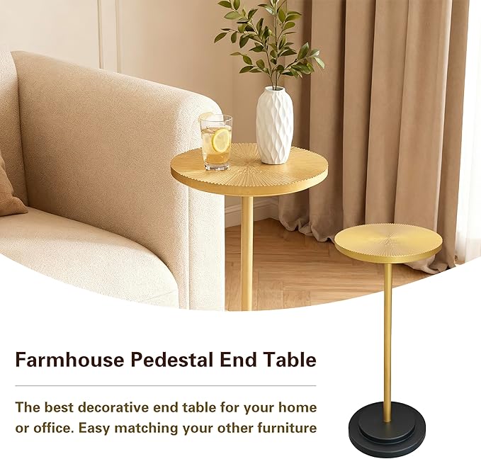 Drink Table, Carved Table Top Martini Table, Small Side Table, Weighted Base Pedestal Table for Living Room, Bedroom, Bathroom, Gold and Black