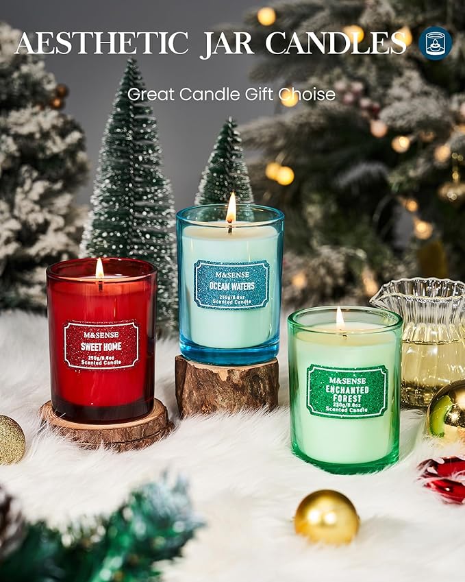 M&SENSE Ocean Scented Glitter Jar Candles, Holiday Gifts for Women - Strong Scented Natural Soy Candle for Winter Home Decor, 50 Hour Burn Time