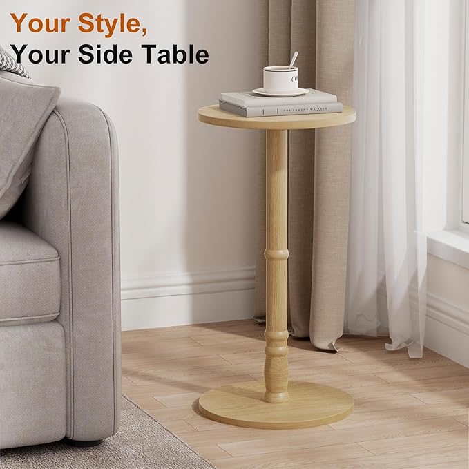 Round Side Table, Solid Wood Pillar with Wood Top & Base, Small Drink Accent Table for Living Room, Bedroom, Sofa & Office, Easy Assembly, Natural