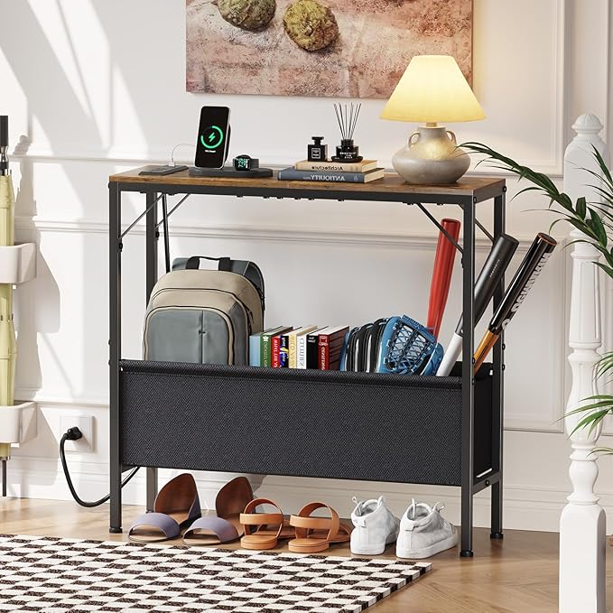 Small Console Table with Charging Station and Storage Basket, 31.5'' Couch Table Behind Sofa, Entryway Table, Narrow Console Table for Hallway, Foyer, Living Room, Rustic Brown