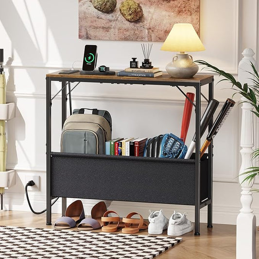 Small Console Table with Charging Station and Storage Basket, 31.5'' Couch Table Behind Sofa, Entryway Table, Narrow Console Table for Hallway, Foyer, Living Room, Rustic Brown