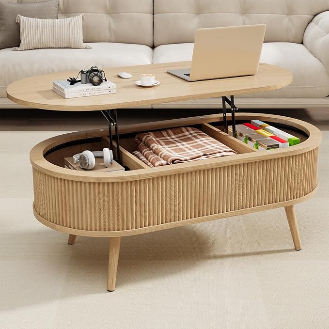 Mid Century Oval Coffee Table, Fluted Center Table with Lift Top, Modern Dining Table with Storage for Living Room Home Office, 39.4", Oak