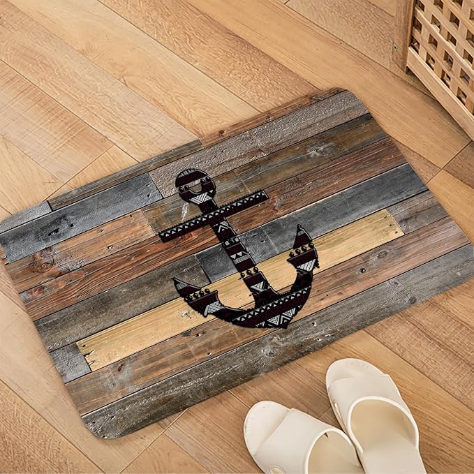 Bath Rugs Sponge Foam Absorbent Soft for Bathroom and Kitchen (21X35.5 inches),Flannel Mat Non Slip Bright 3D Print for Bedside and Living Room(Old Wooden Plank Anchor)