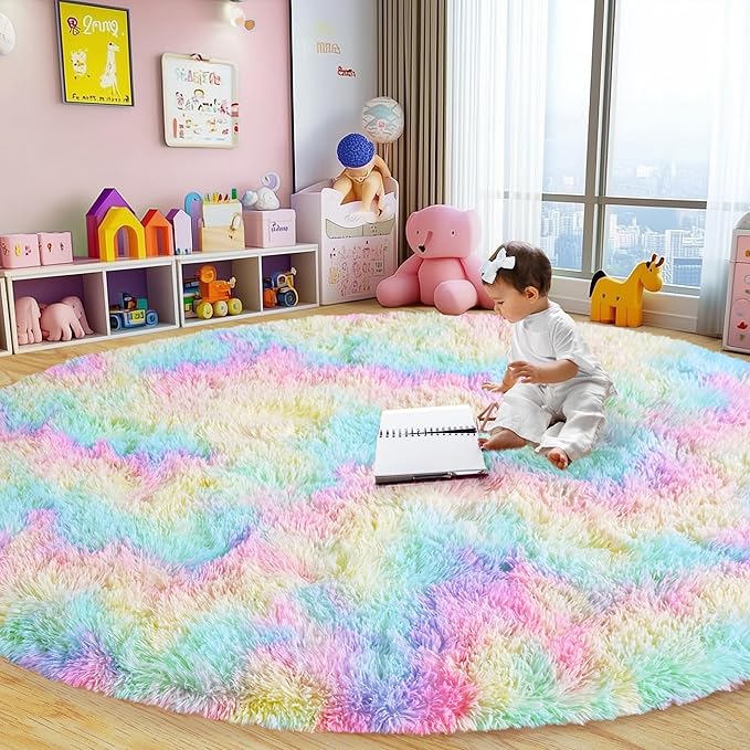 Round Fluffy Rugs 6Ft for Girls Bedroom, Rainbow Shag Circle Kids Rug Non-Slip for Bedside Dorm Nursery Playroom, Soft Cute Area Rugs for Living Room Decor