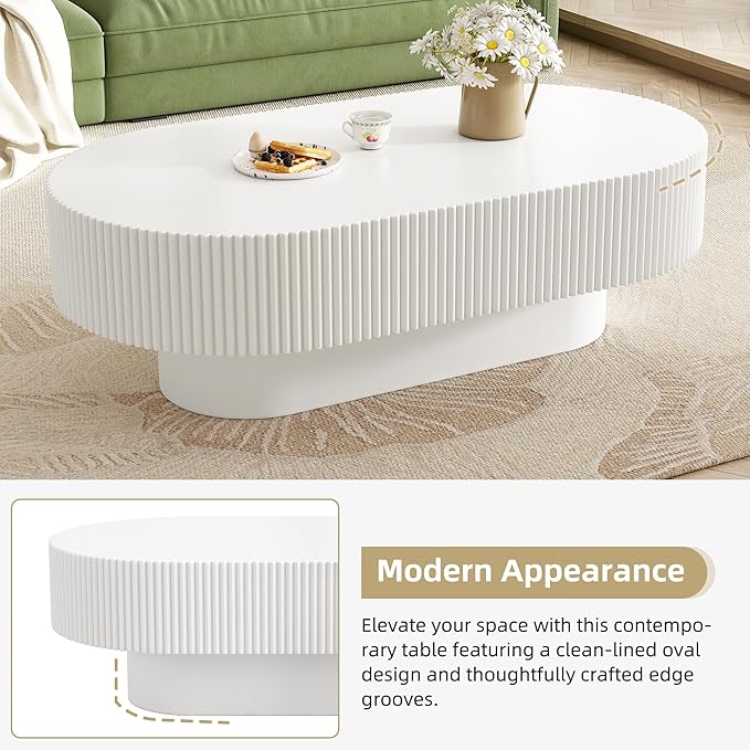 43.3" Oval Wood Coffee Table Modern White Fluted Coffee Tables for Living Room Drum Coffee Table with Sturdy Pedesta Circular Center Table for Apartment Living Room,Easy Assembly, White