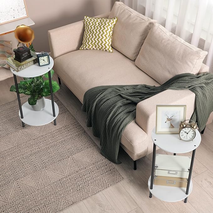 SEHERTIWY Round Side Table for Living Room, White End Tables Living Room Set of 2, Accent Table for Small Spaces, Round Nightstand for Bedrooms