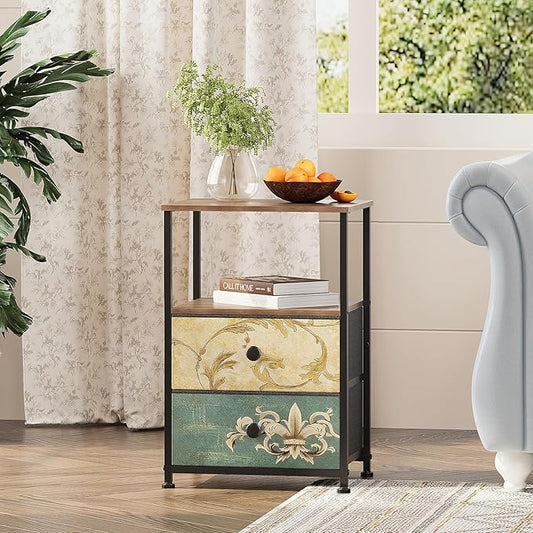 Tohomeor Nightstand with 2 Fabric Drawers Retro Flower End Table Side Table with Open Storage Shelf for Bedroom Living Room Sofa Beside Vintage