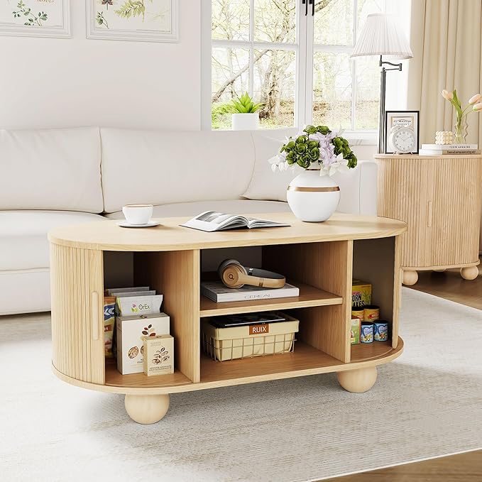 Rectangle Coffee Table, Fluted Coffee Tables for Living Room, Mid-Century Coffee Table Center Table with Storage & Sliding Doors for Apartment, Home Office (Natural)