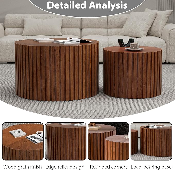Round Nesting Coffee Table Set of 2 Handcraft Circle Fluted Nesting Coffee Tables Circular Side Table Drum Accent End Tables for Living Room Bedroom (Brown Large)