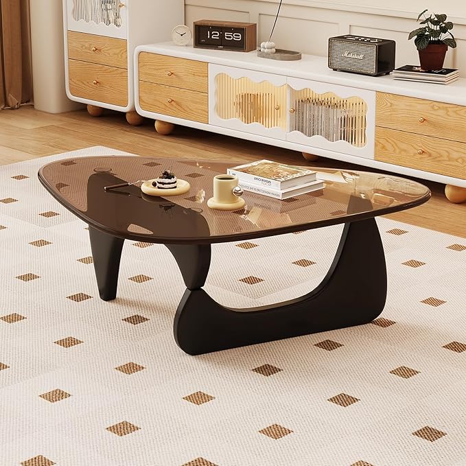 Coffee Table for Living Room Mid Century Modern Center Table with Glass Top and Wood, Brown/Black