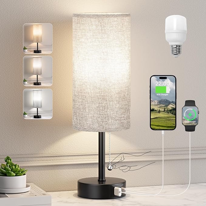 Grey Bedside Lamp for Bedroom Nightstand - Small Table Lamp with USB A + C Charging Port, 3 Color Temperatures Pull Chain Night Stand Light with Bulb, Side Table Desk Reading Lamp for Living Room/Dorm