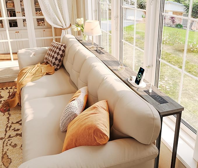 SUPERJARE 78.8 Inch Narrow Console Table with Outlet, Sofa Table Set of 2, Behind Couch Table, Long Entryway Tables with Charging Station, for Living Room, Oak