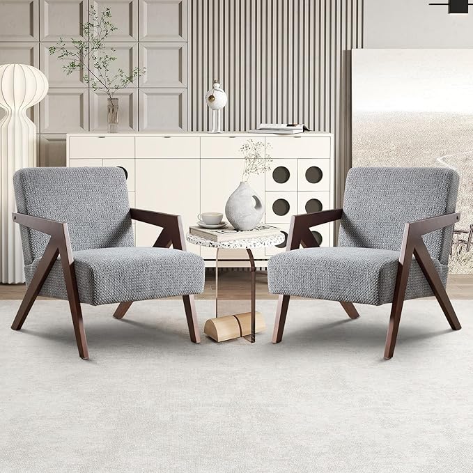 INZOY Accent Chairs Set of 2, Mid Century Modern Accent Chair with Wood Frame, Upholstered Reading Armchair with Soft Linen Fabric, Accent Chair for Living Room Bedroom Apartment, Easy Assembly, Blue