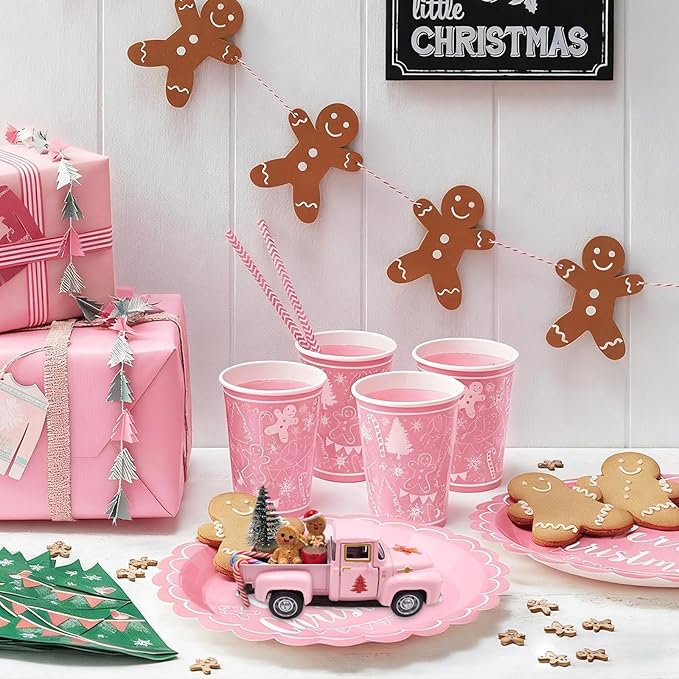 Pink Gingerbread Christmas Decor Vintage Farmhouse Metal Truck with Mini Xmas Tree Gingerbread Man Hot Cocoa Candy Canes Pastel Ginger Bread Christmas Table Decorations for Holiday Mantel Home Kitchen