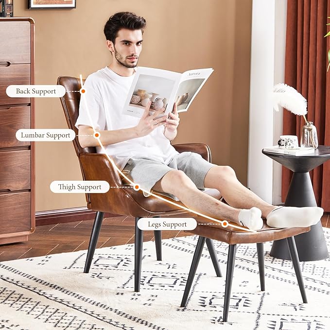 Furniliving PU Leather Accent Chair with Ottoman, Upholstered Reading Chair with High Backrest, Tufted-Button Wingback Armchair for Bedroom, Dressing Room, Home Office, Brown