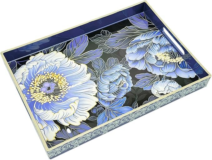 Serving Tray with Handles, 15.7 * 11.8 inches, Plastic Ottoman Tray with Exquisite Paintings, Trays for Coffee Table