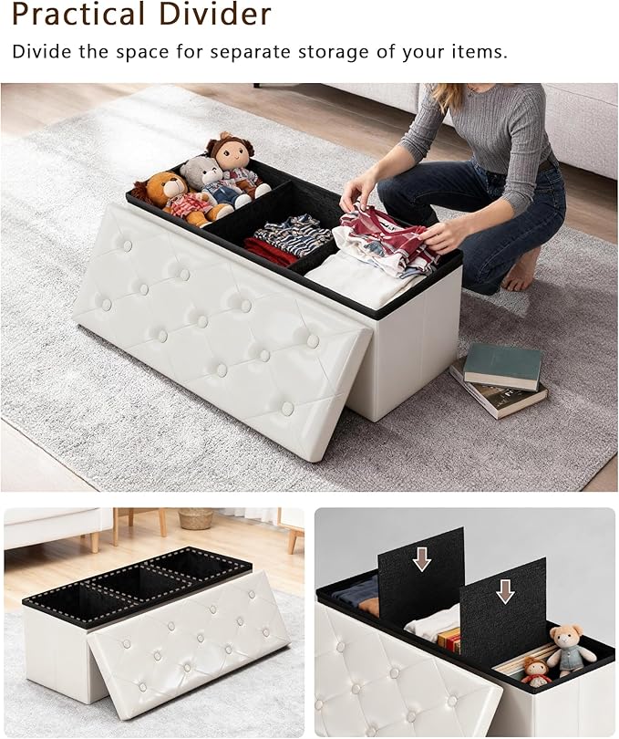 GLAXYFUR Storage Ottoman Bench, 43 Inches Folding Ottoman with 2 Dividers, PU Leather Foot Rest, End of Bed Bench, Storage Chest for Living Room, Bedroom and Entryway (White)