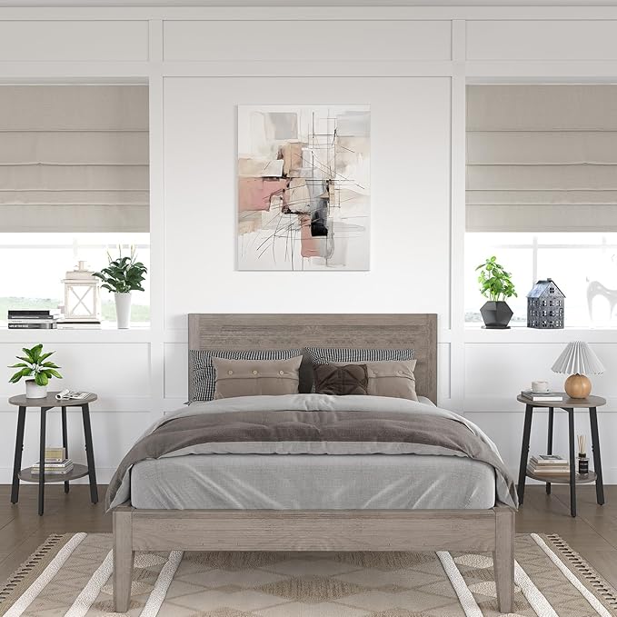 Side Table Set of 2, Small Round End Table with Storage Shelf for Small Space, 2-Tier Bedside Table Sofa Couch Table, Nighstands Set of 2 Accent Table for Living Room, Bedroom, Grey