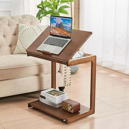 C Shaped Rolling End Table with Wheels - Solid Wood Side Table for Couch, Wooden Modern Tv Tray Bedside Tables for Sofa Armchair Living Room Bedroom, Walnut, 15.4 in x 23.6 in x 24.8 in