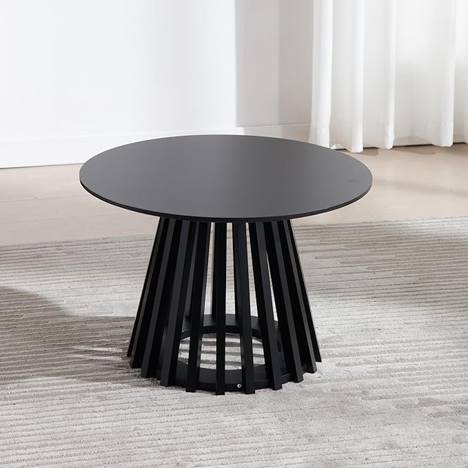 LukeAlon 24" Round Coffee Table, Mid Century Modern Wooden Center Table with Columnar Wood Strips Base Sofa Side Table Circle Tables for Living Room Small Space, Black