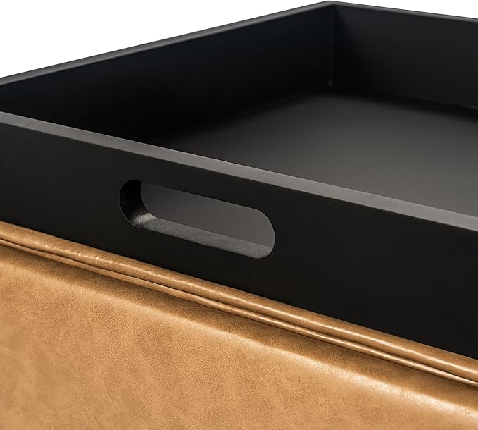 Adeco 18" Light Yellow Square Storage Ottoman with Tray, Retro Cube Ottoman Coffee Table for Dorm, Bedroom