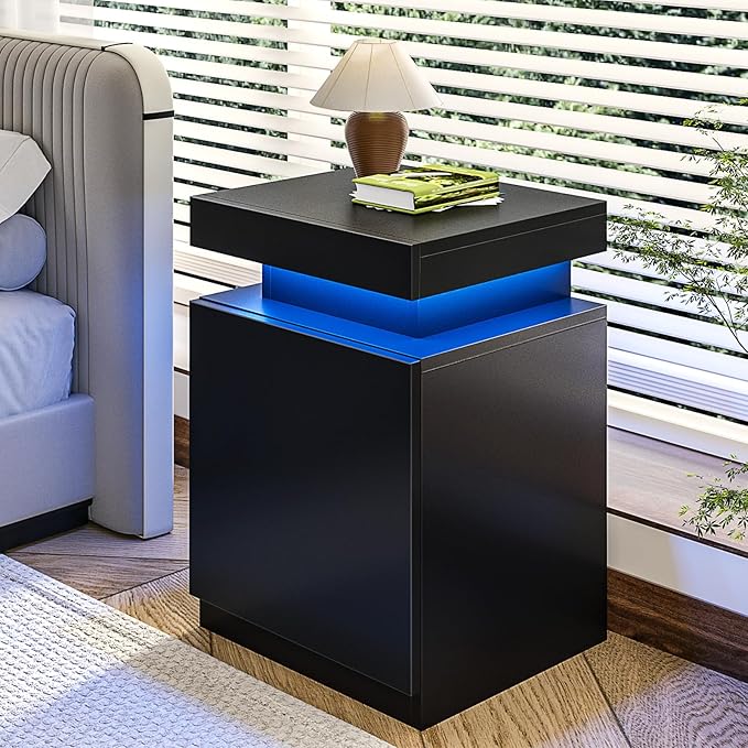 oneinmil Nightstand Set of 2, Night Stands with LED Lights, Charging Station and Sliding Top Storage, Modern Bedside Table of 2, End Side Table for Bedroom, Black
