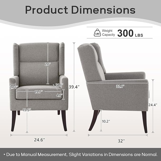 High Back Living Room Chairs, Fabric Accent Chair, Comfy Upholstered Armchair with Wooden Legs for Living Room, Bedroom, Apartment (1, Grey)