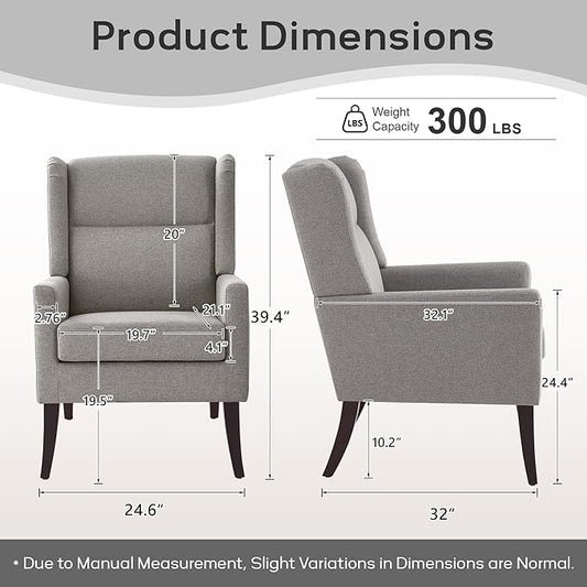 High Back Living Room Chairs, Fabric Accent Chair, Comfy Upholstered Armchair with Wooden Legs for Living Room, Bedroom, Apartment (2, Grey)