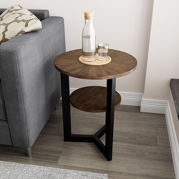 Round End Table with Storage Shelf, 19.29in Circel Accent Side Table with Black Metal Legs, 2-Tier Wood Round Sofa Side Table for Living Room Bedroom, Brushed Brown-BZ