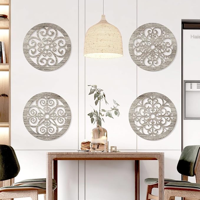 Zzbakress 4 Pieces Farmhouse Wall Decor Rustic Circle Wall Decor Wooden Hollow Carved Round Wall Art for Living Room Bedroom Kitchen Bathroom Home Wall Decoration (Delicate, Retro)