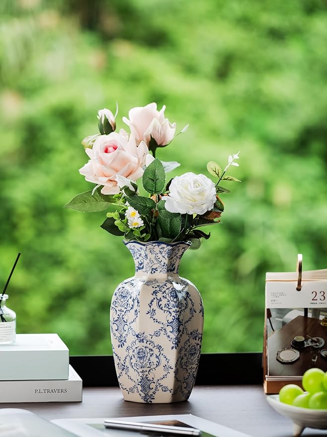 Blue and White Vase, Vintage Blue Ceramic Flower Vessel,Ceramic vases for Home Decor,Vintage Green and Beige for Console Table Mantle Chinoiserie Decor (Blue and White-01, Large)